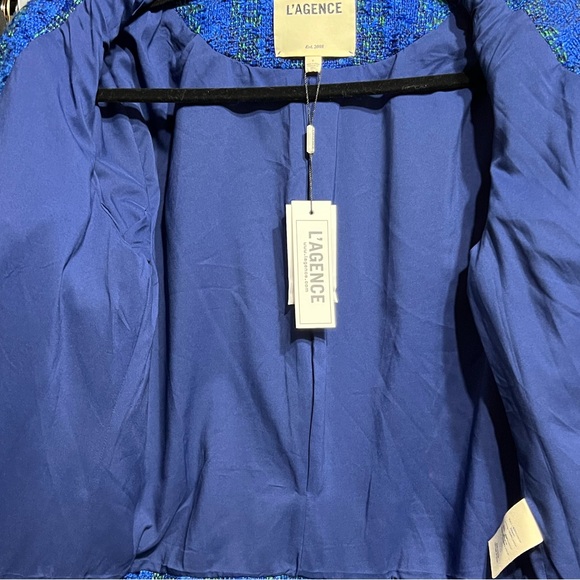 L'AGENCE Angelina Tweed Fringe open style Blazer in Cobalt Blue, Crested Buttons - Picture 6 of 6